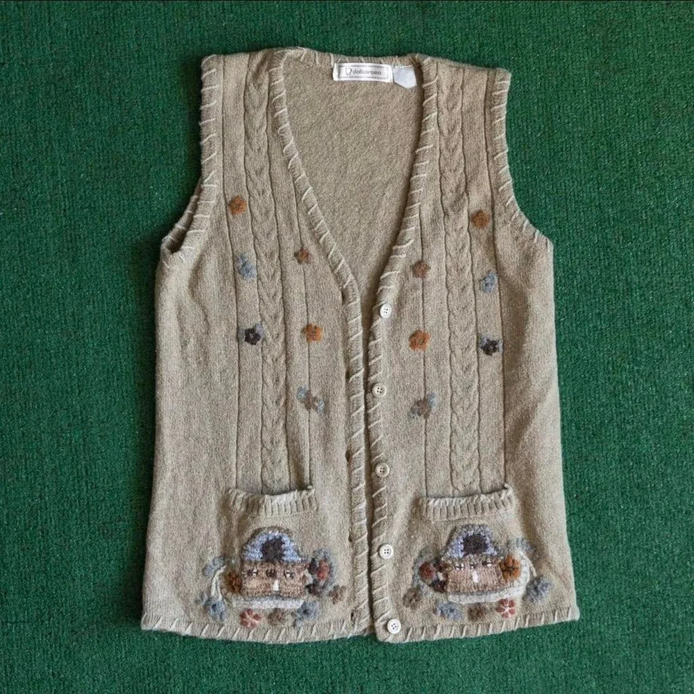Vintage 80s 90s knit crochet beige vest button wool sweater